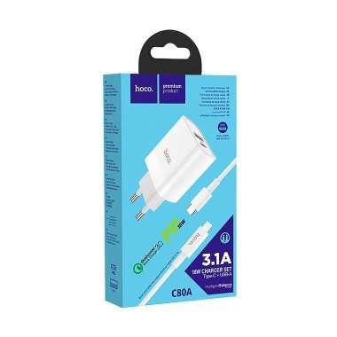 Сетевое зарядное устройство Hoco C80A USB/Type-C с кабелем для Apple (Lightning - Type-C) (белое) &mdash; 10