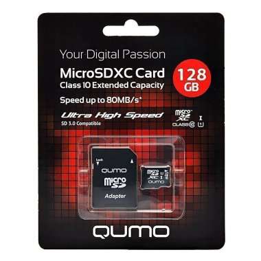 Карта памяти MicroSD 128GB Qumo UHS-I 3.0+SD адаптер — 1